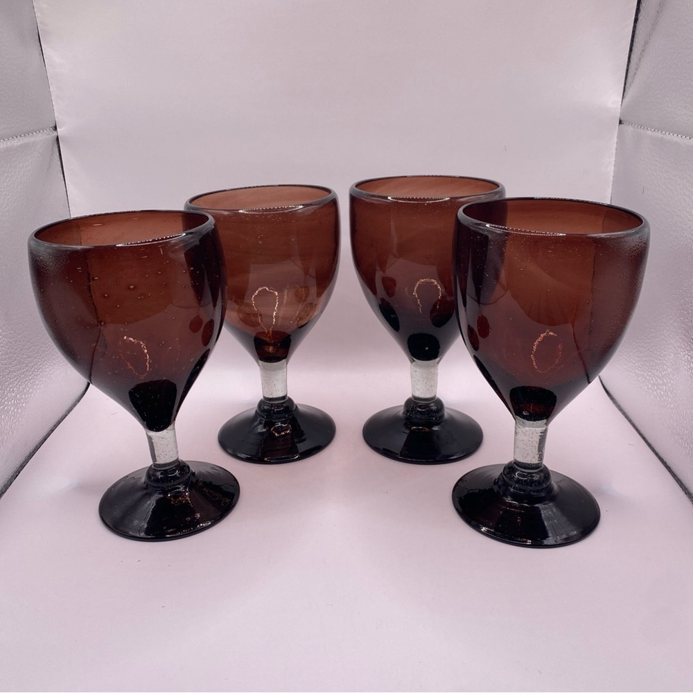 Set of 4 Elegant Amethyst/Brown Glass Goblets, Hand Blown Made in Mexico